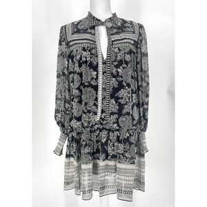 Veronica Beard Black White Floral Silk Dress Lined Long Sleeve Bow Ruffle Sz 12